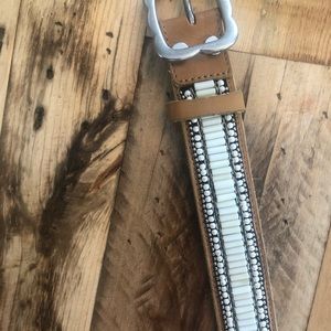 Lucky Brand tan leather belt w white beaded design